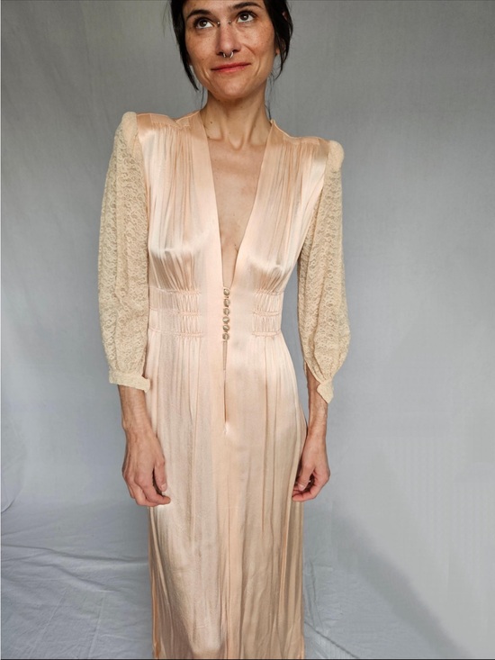 Dresses & Skirts - 1930’s Elegant Blush Satin and Lace Midi Dress (shoulder pads removed)